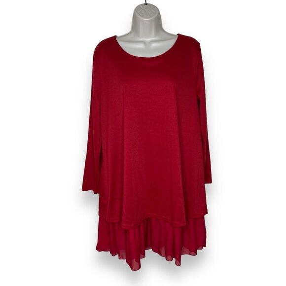 CL Shang Collection Red Rib Knit Chiffon Bow Back Ruffle Tiered Dress Women XL - Picture 2 of 14